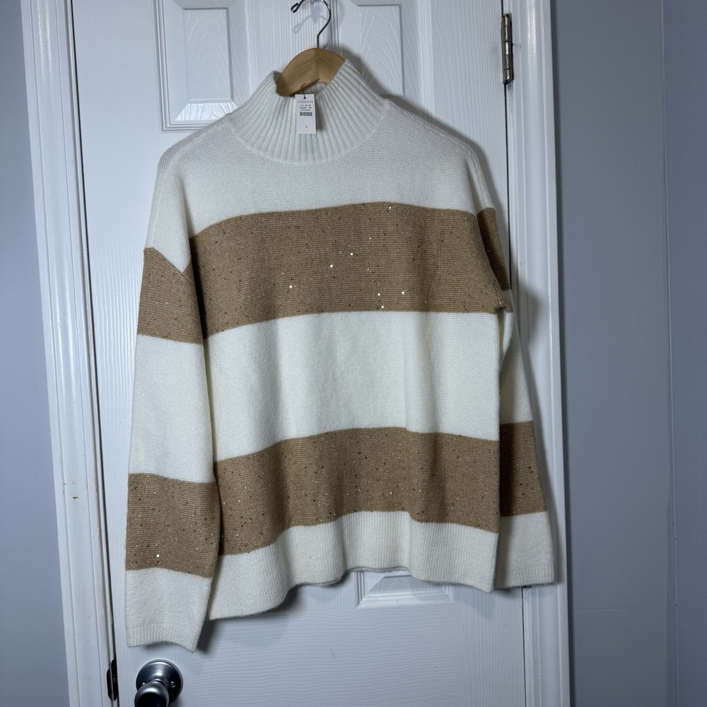 Talbots Plus Sequin Stripe Mock‎ Neck Sweater Cream Tan Gold L NEW